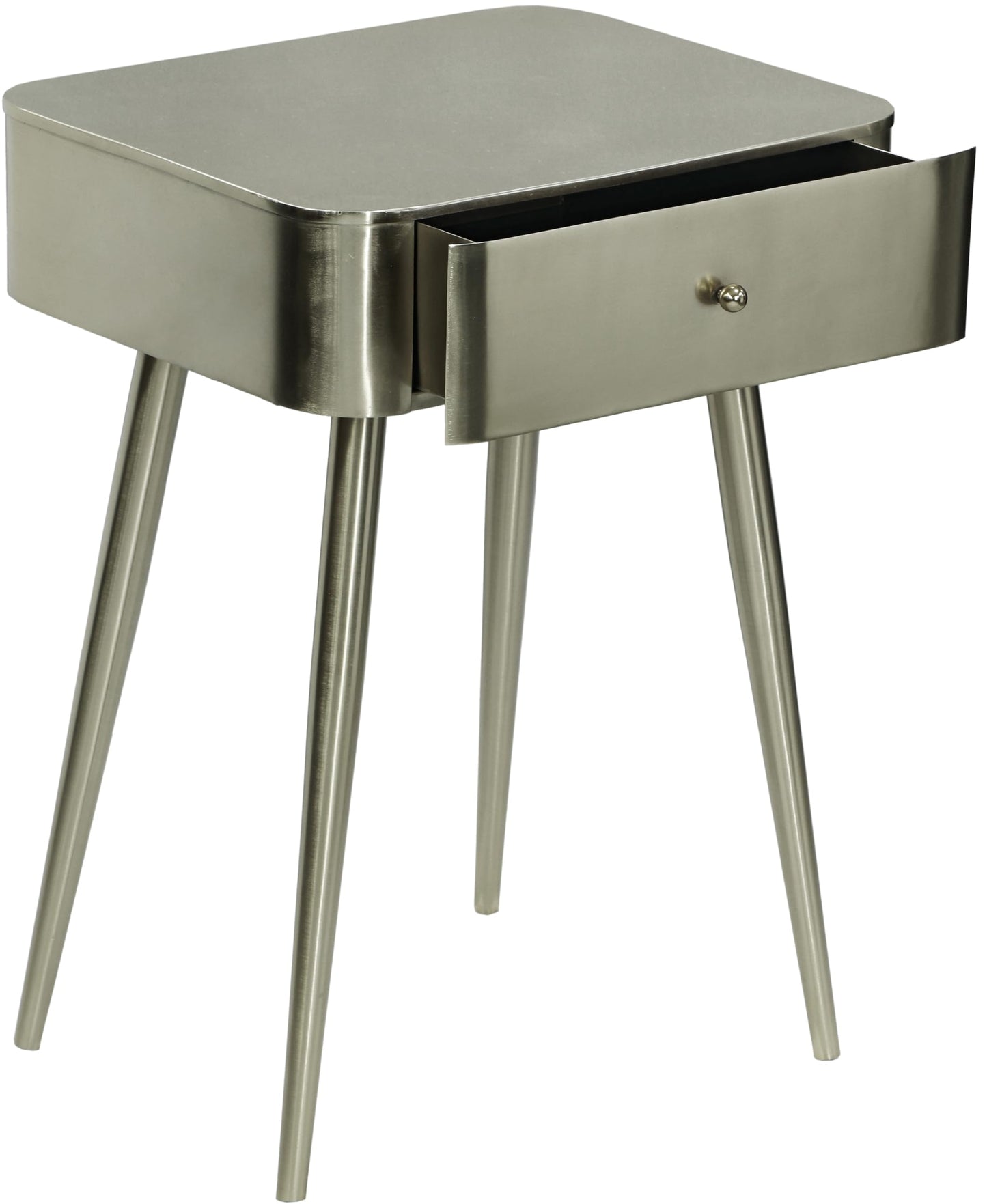Meridian Furniture 331Silver Rylan Collection Modern | Contemporary Night Stand with Brushed Silver Metal Nightstand/Side Table, 1 Storage Drawer, 17" W x 14" D x 23" H, Silver