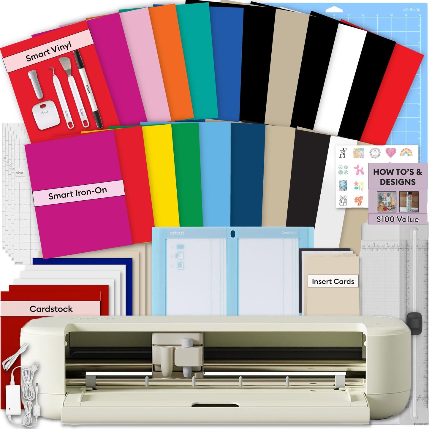 Cricut Explore 5 Rainbow Essential Bundle - for Vinyl, HTV, Stickers, Cards & Custom Decals - Includes Smart Vinyl, Smart Iron-On, Printable Vinyl, Cardstock & 100+ Project eBook