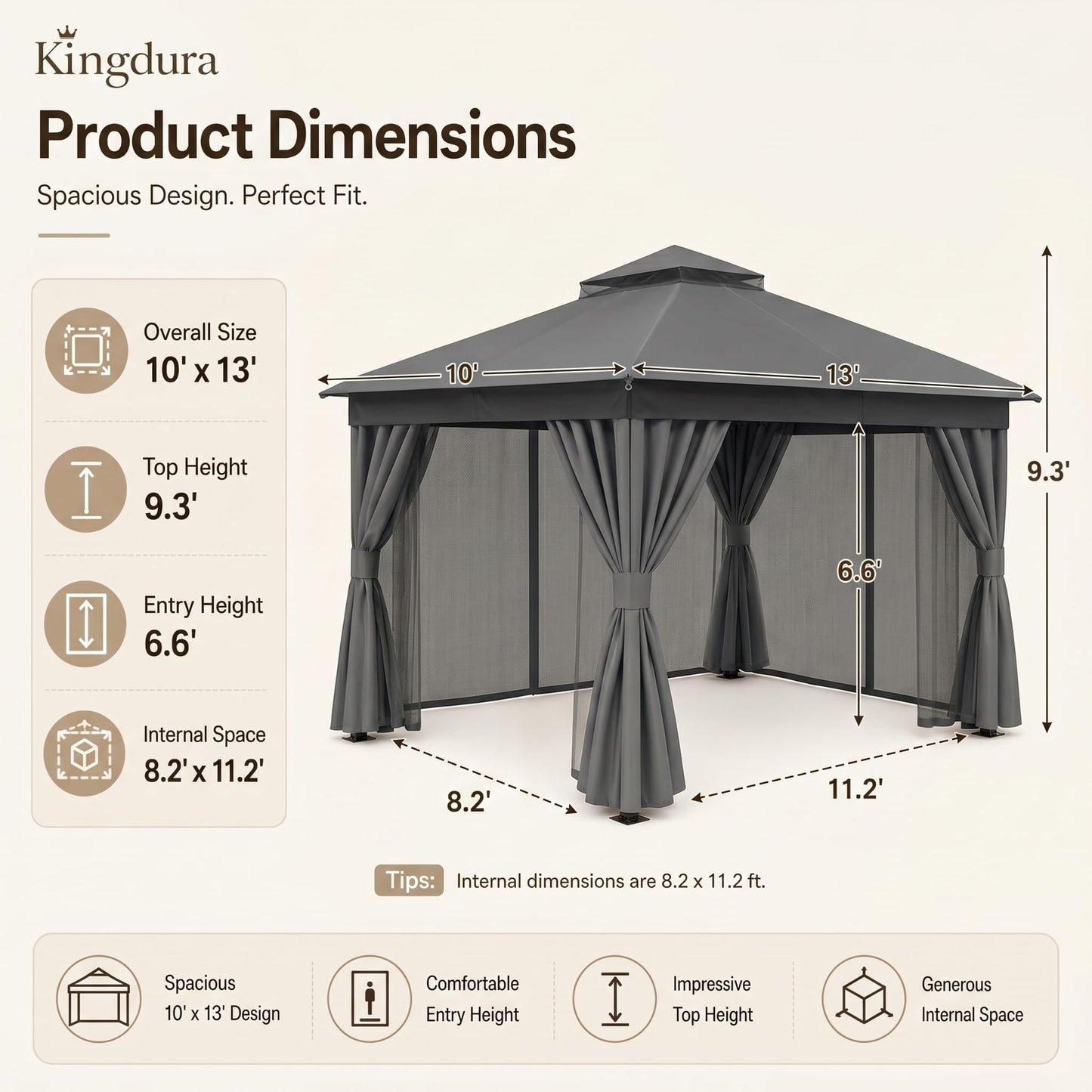 Kingdura 10'x13' Outdoor Gazebo, Heavy Duty Metal Patio Canopy Tent Shelter with Double Roof, Mosquito Netting & Privacy Curtains for Backyard, Garden, Deck, Lawn, Grey