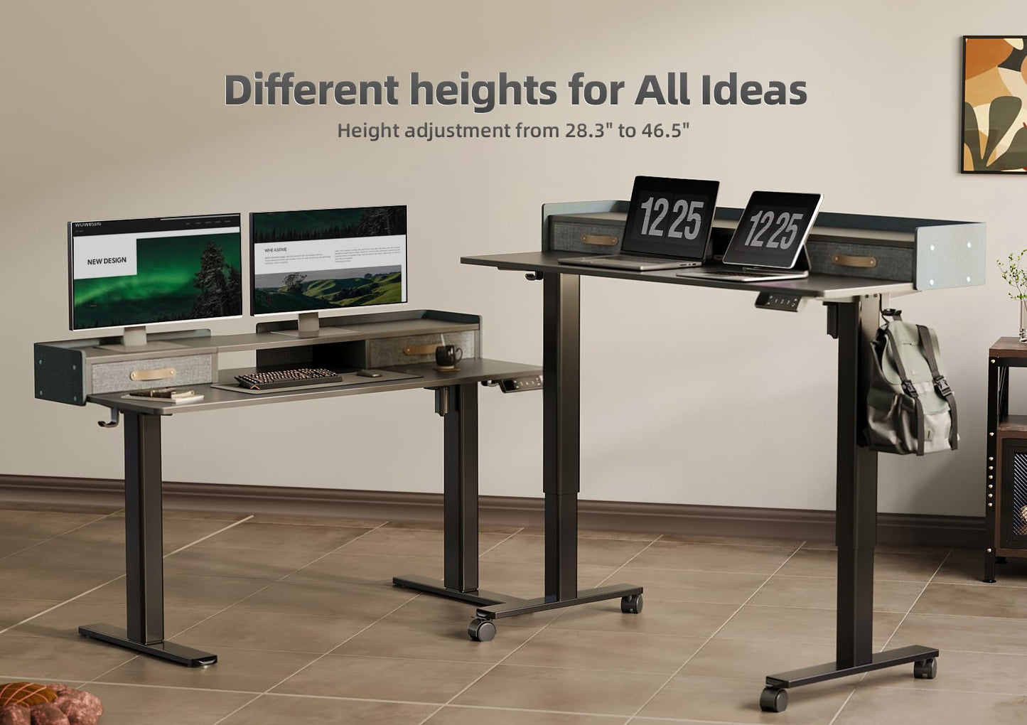 YDN Standing Desk with Drawers, 48 Inch Standing Desk Adjustable Height, Adjustable Electric Stand Up Sit Stand Small with Storage and Shelf, Black