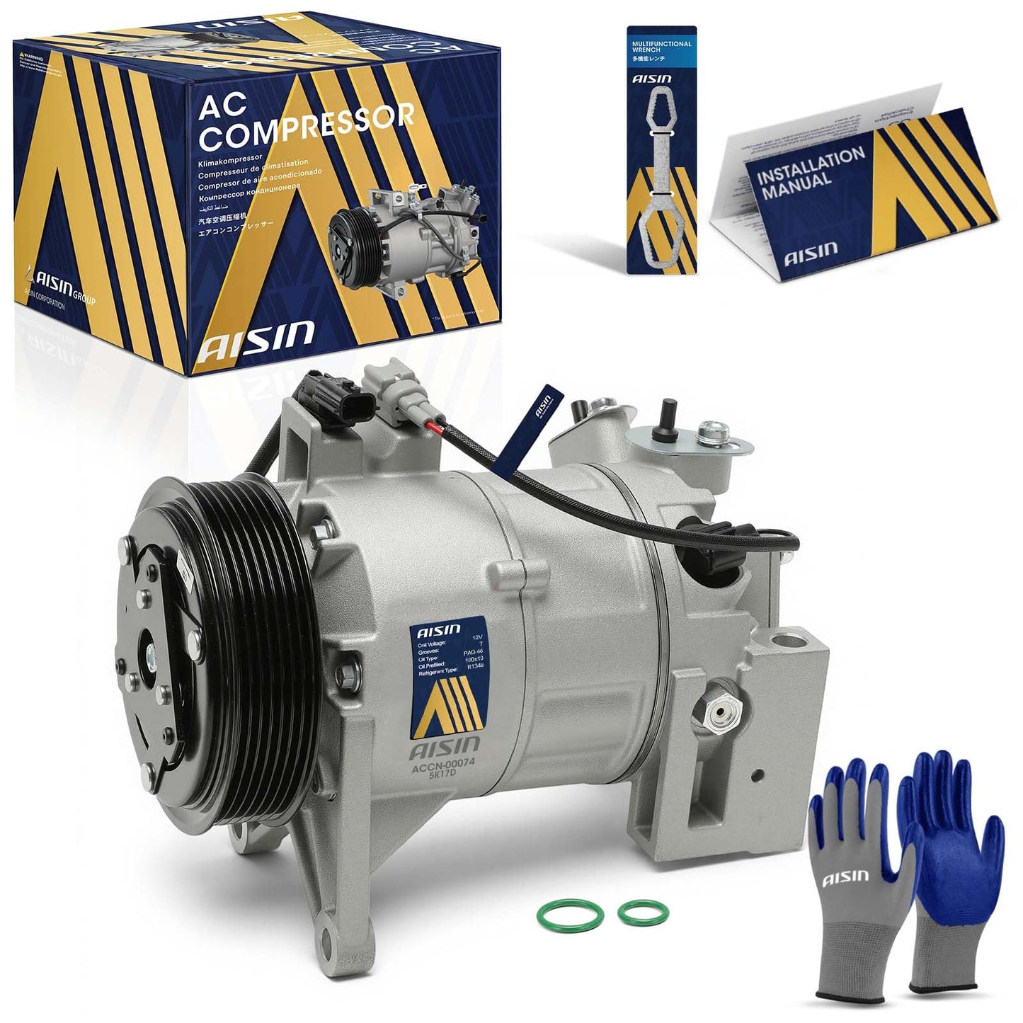 AISIN AFTERMARKET ACCN-00074 Air Conditioner AC Compressor - Compatible with Nissan Murano 2015-2023 3.5L, Maxima 2016-2023 3.5L - with 7-Pulley Groove, with Clutch