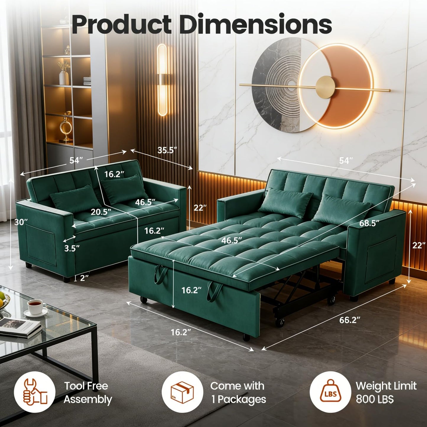 NicBex 3 in 1 Convertible Sofa Bed, Pull Out Couch Bed with Adjustable Backrest, Velvet Fabric Sleeper Sofa with Side Pocket, Loveseat Sleeper Sofa for Small Space, Living Room, Bedroom, Green
