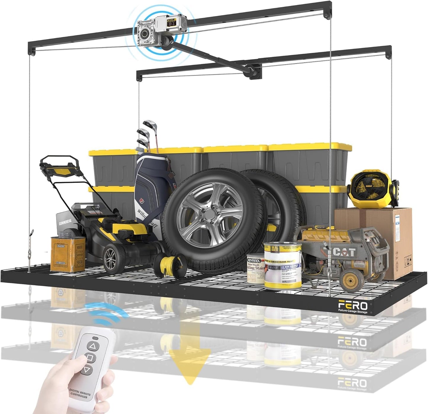 FERO Motorized Overhead Garage Storage Rack with Remote Control, Heavy-Duty Ceiling Mounted Organizer, 4x8 FT Ceiling Storage Lift System, Space-Saving Hanging Garage Shelves, 325 LBS Capacity (Motor)