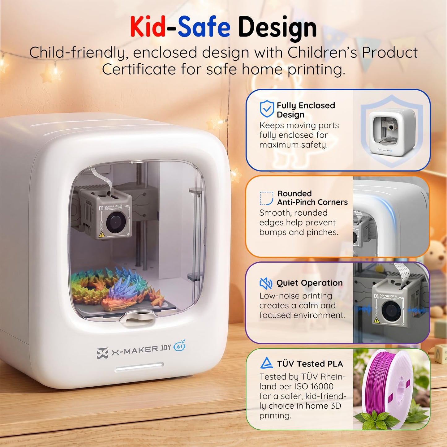 AOSEED 3D Printer for Kids, Fully Assembled AI 3D Printer with 8,000+ Models & 17+ Modules, 400mm/s High Speed, Leveling Free, STEM Toy Gift with 8 PLA Filaments for Home & School, X-Maker Joy AI+
