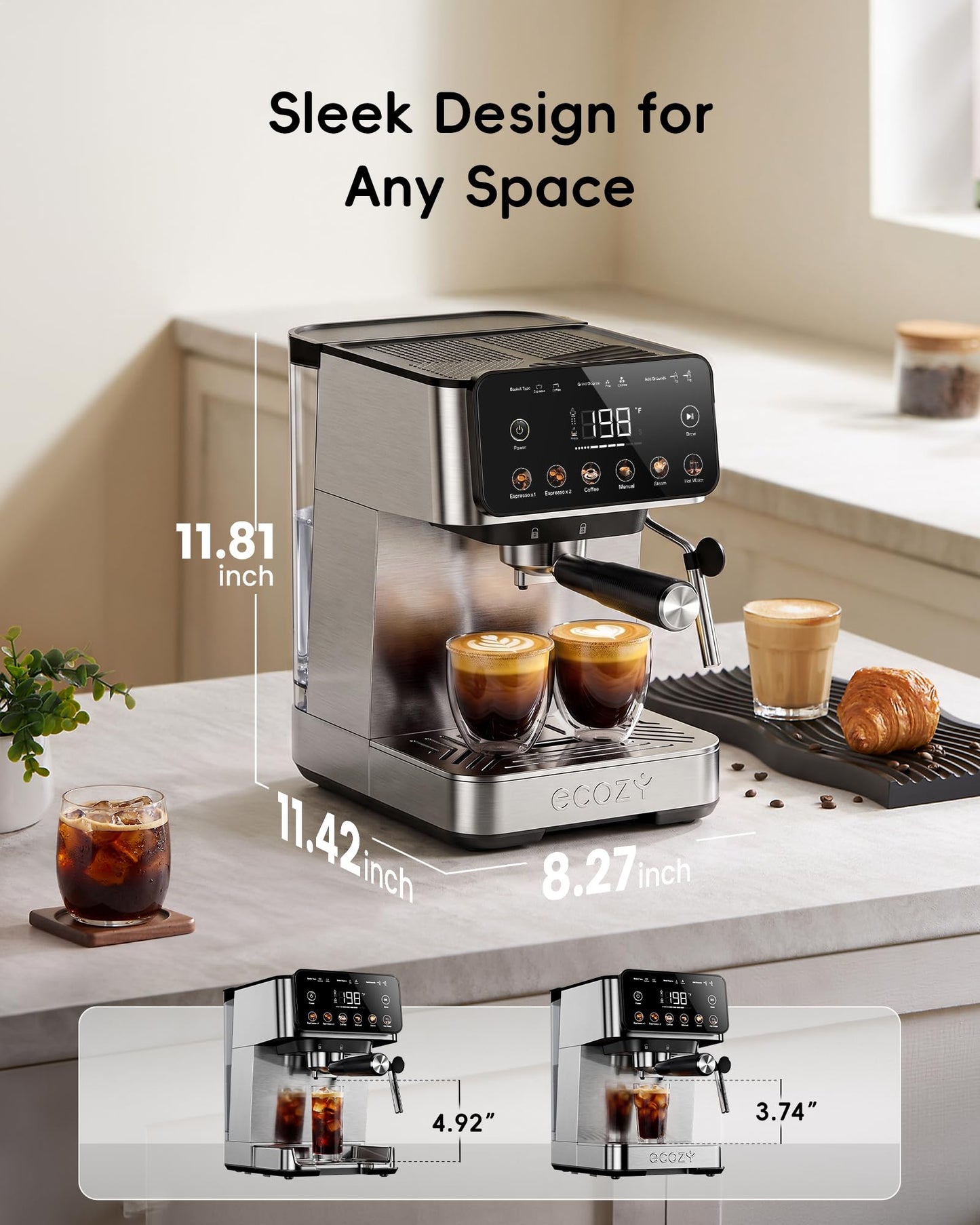 ecozy Espresso Machine & Coffee Maker Combo with Milk Frother, Guided Touchscreen Brewing, Create Café-Style Lattes, Cappuccinos & Americanos at Home, Smart Touchscreen, Stainless Steel