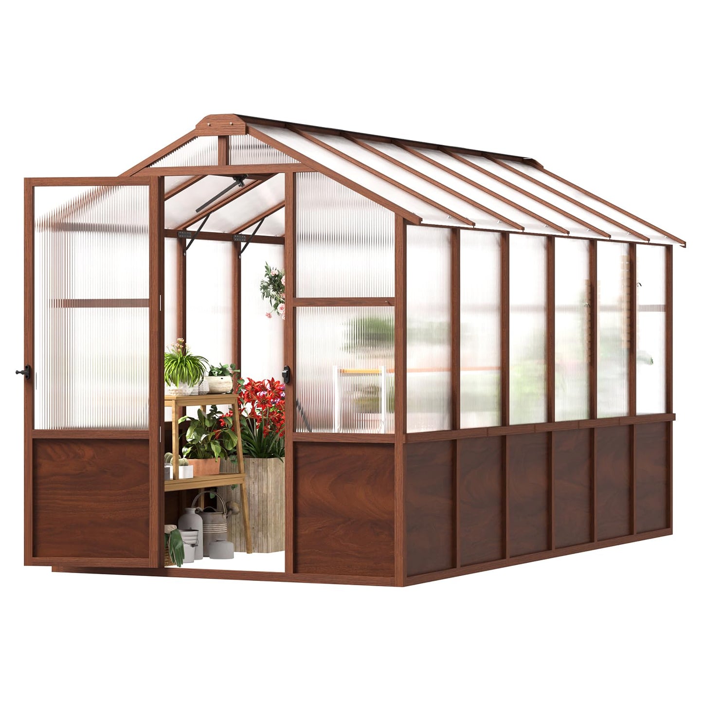 Jocoevol 6x12FT Greenhouse for Outdoors, Wooden Frame Polycarbonate Green House w/ Adjustable Roof Vent and Lockable Door Handle, Walk-in Greenhouses for Outside Garden Backyard