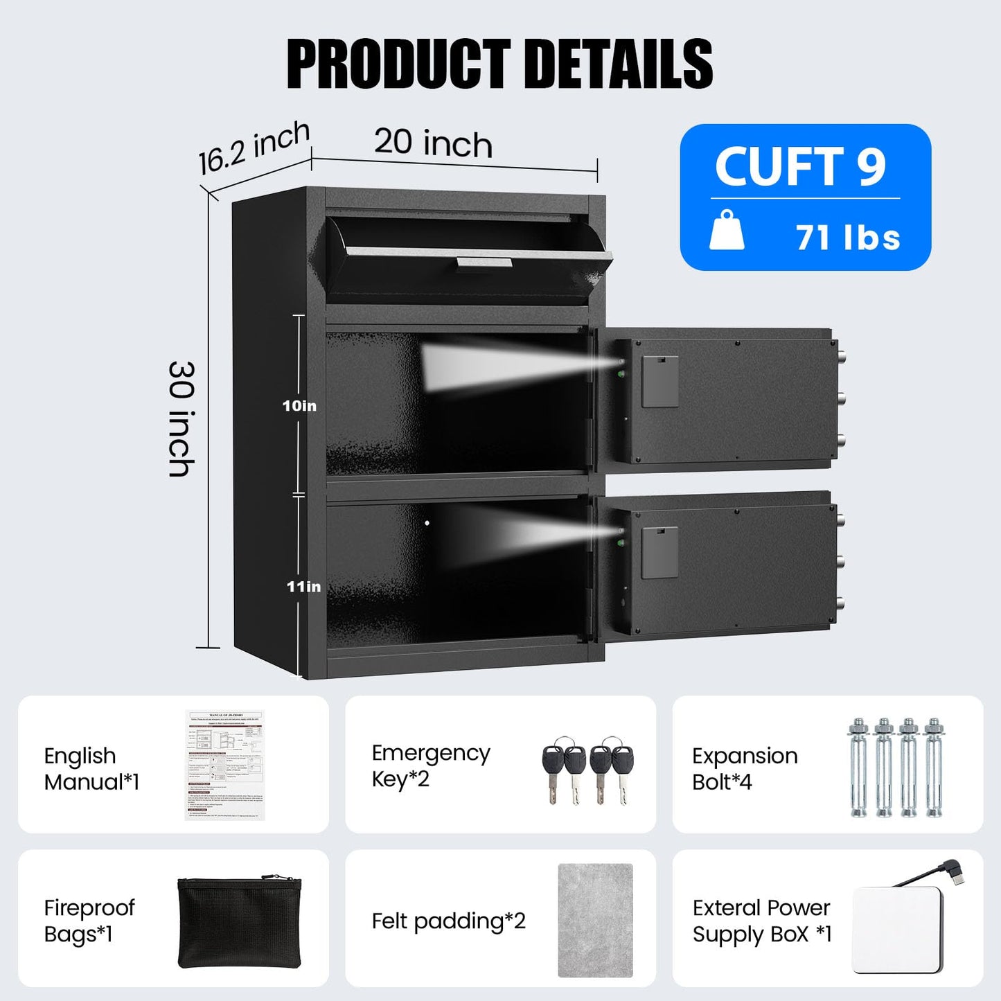 Large Drop Safe for Business, Biometric Cash Safe with Drop Slot Anti-Fishing, Fingerprint and Key Digital Lock, Fireproof Bag, 9 Cu.ft Heavy Duty Deposit Drop Box Safe for Money Retail Store