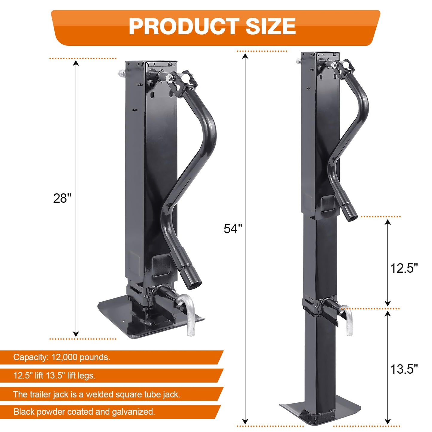 12000 lbs Weld-On Square Tube Trailer Jack Heavy Duty Side Wind 26" Travel