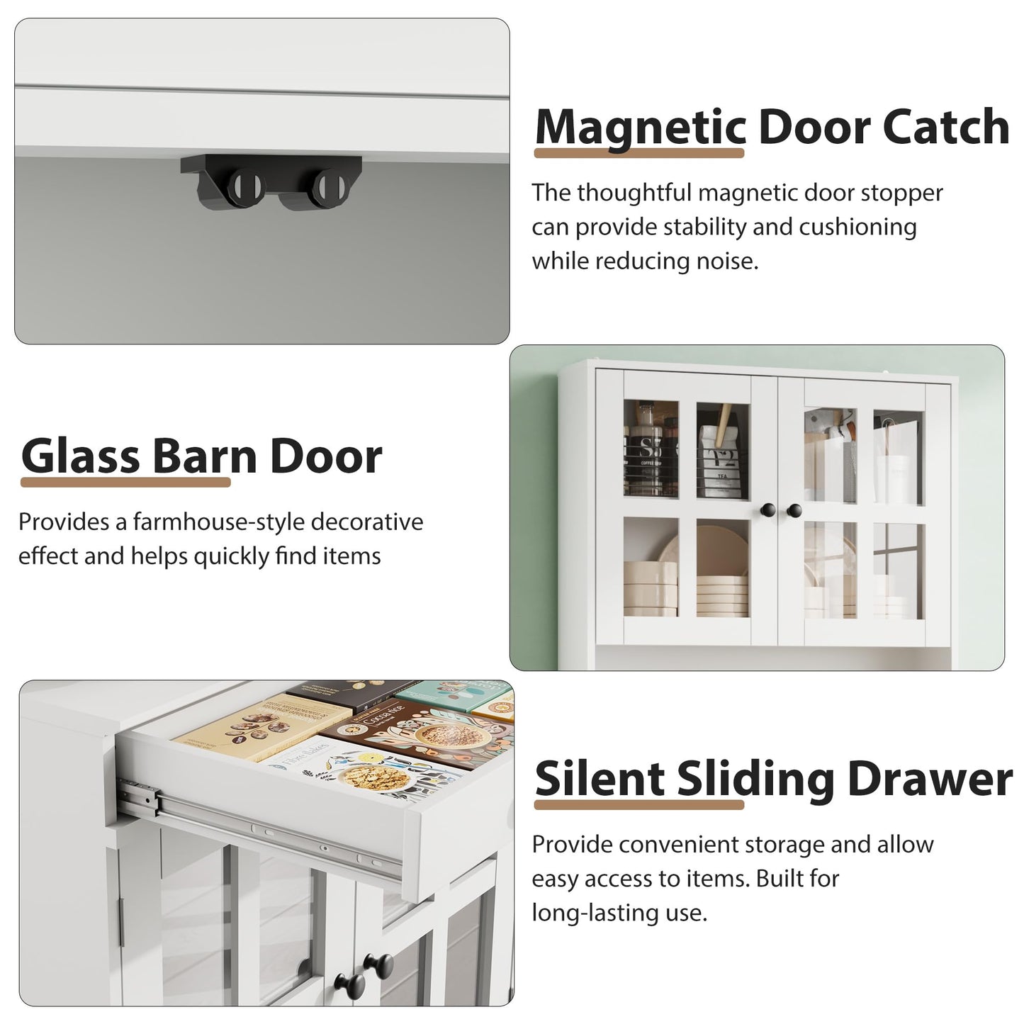 Garvee 72 Inch Kitchen Pantry Cabinet with Glass Doors, Drawer and Adjustable Shelves, Farmhouse Tall Storage Cabinet with Open Countertop, Coffee Bar Cabinet for Coffee Corner, White