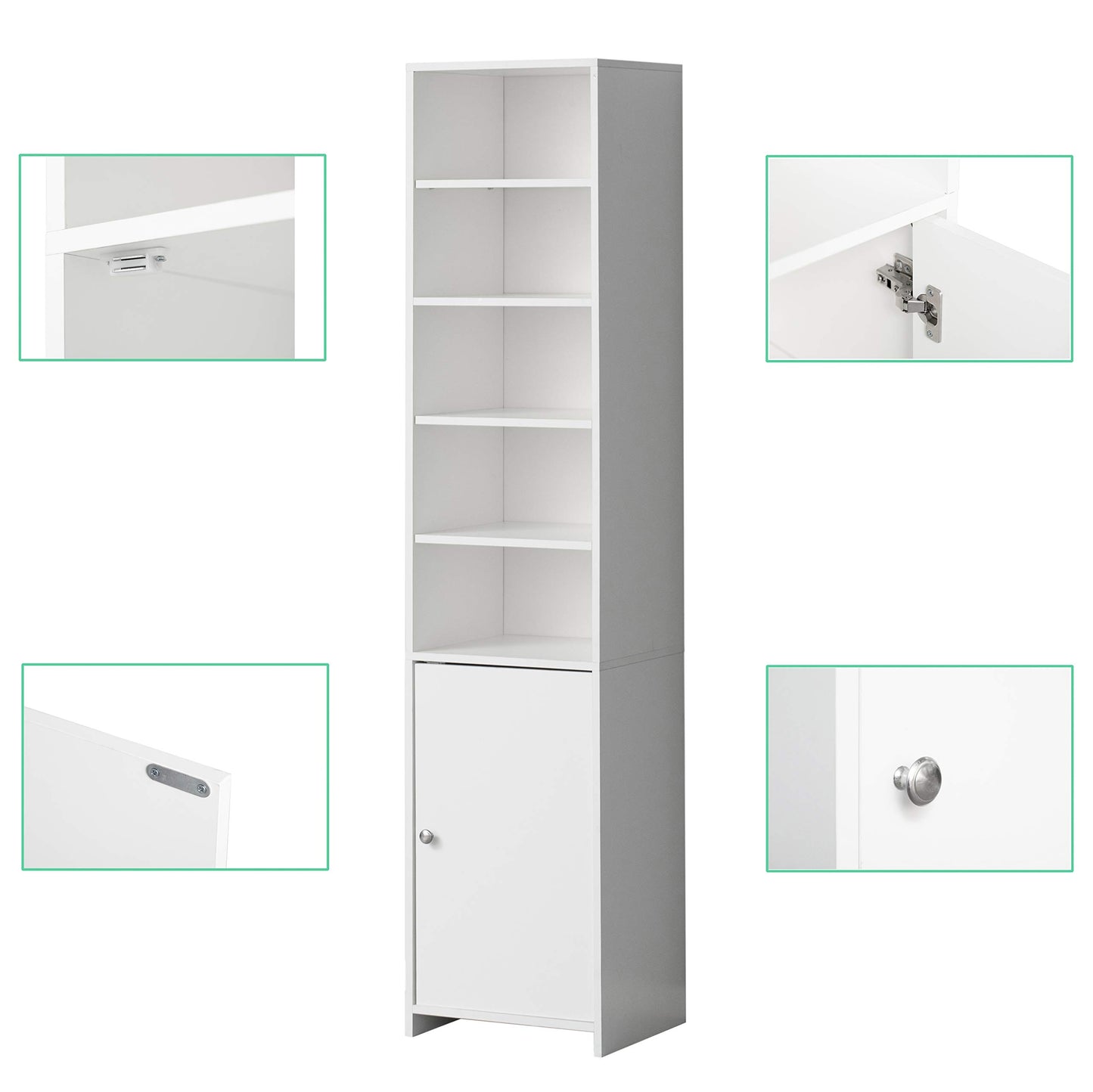 Basicwise Tall Slim Bathroom Storage Cabinet - Freestanding Linen Tower Organizer with 5 Open Shelves, 2 Adjustable Shelves, Sturdy Wood, 72 in High, Narrow White for Bathroom or Laundry