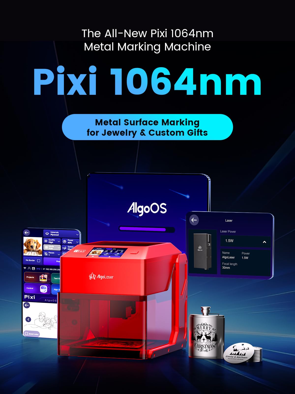 Pixi 1064nm Infrared Laser Engraver for Metal & Jewelry - Portable Laser Marking Machine with 3.5" Touchscreen & AlgoOS & App Control for Stainless Steel, Aluminum & Custom Gifts (1.5W/1500mW)