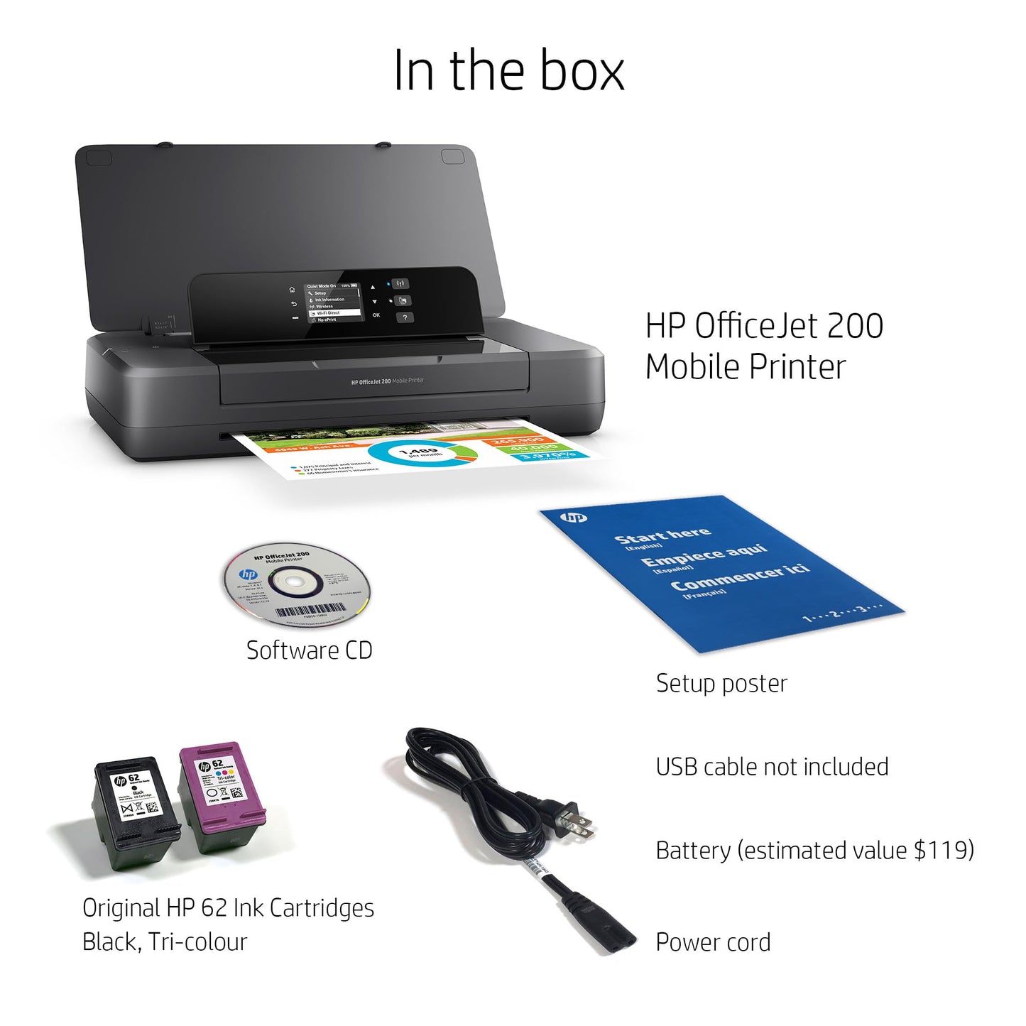 HP OfficeJet 200 Wireless Mobile Printer - Black, Battery Included (CZ993A)