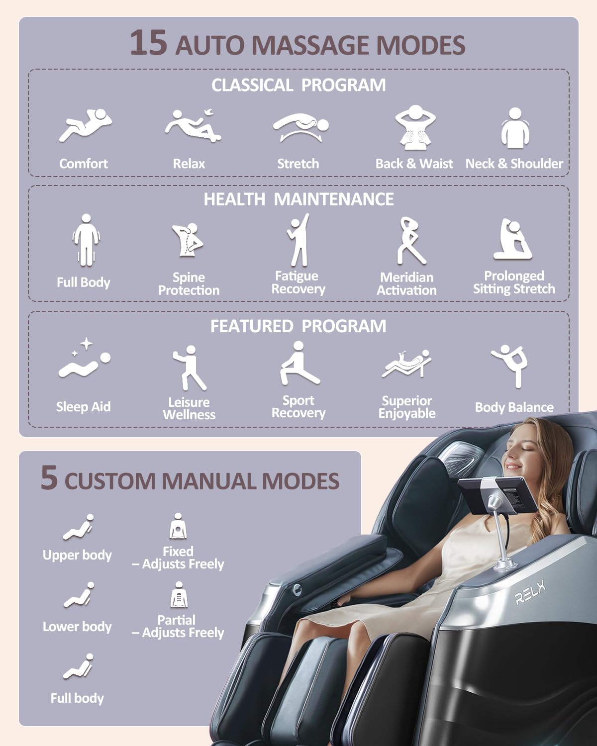RELX Massage Chair Full Body, 20 Modes Zero Gravity SL-Track Shiatsu Massage Chair Built-in Heat System, Airbag Massage with Body Scan, Deep Yoga Stretch, Calfrest Extension and AI Control(Black)