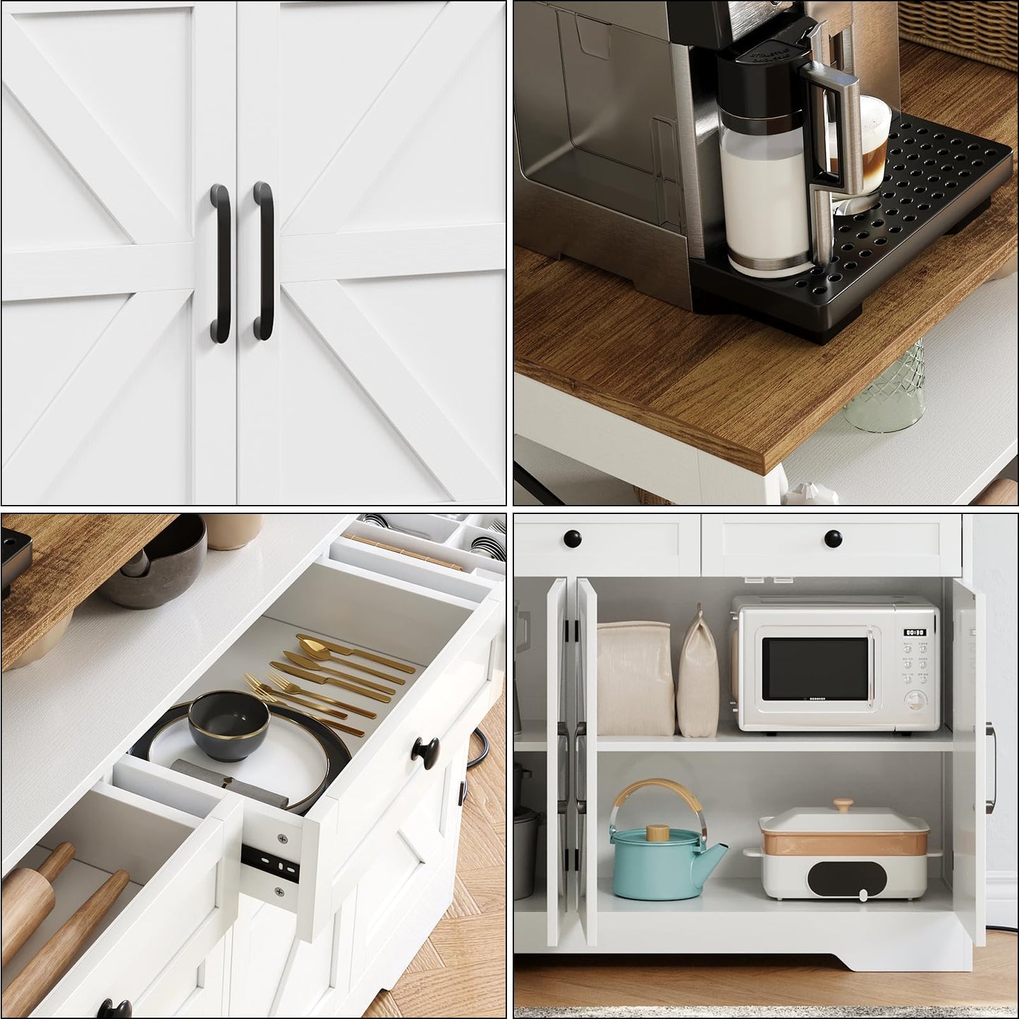 GarveeHome Farmhouse Buffet Cabinet with Storage, Open Shelf & Charging Station, 51" Kitchen Hutch Pantry Cabinet Sideboard Coffee Bar Station with 4 Barn Doors & 3 Drawers for Kitchen, Dining Room