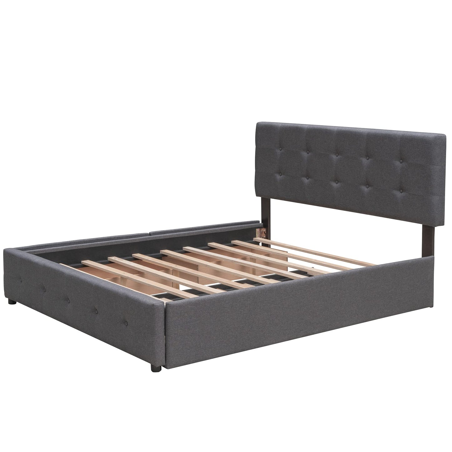 Ball & Cast Queen Bed Frame with 2 Drawers and 1 Twin XL Trundle, Linen Upholstered Platform Bed Frame Queen Size with Button Tufted Headboard & Wood Slats Support,No Box Spring Needed,Dark Gray