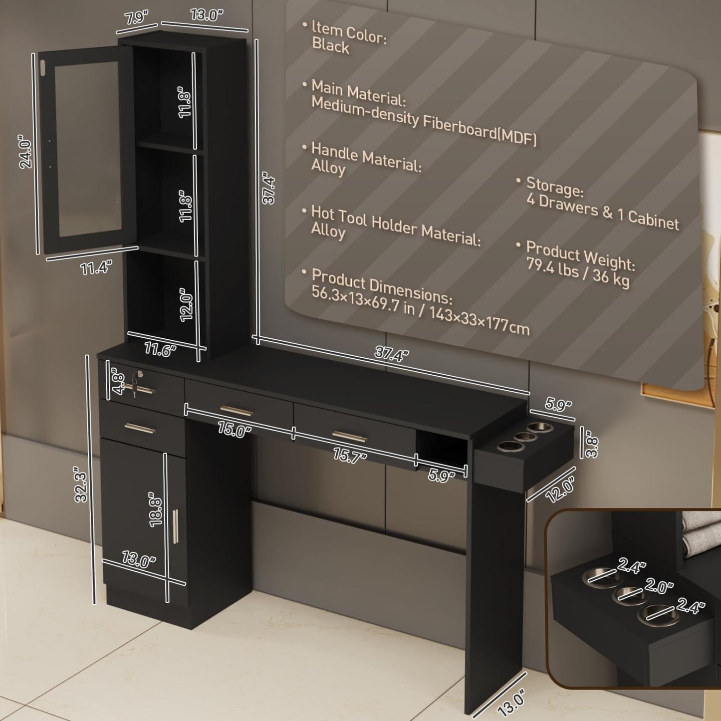 HolaiNail Salon Station for Hair Styling, Wall Mount Barber Salon Cabinet with 3 Hair Dryer Holders, Drawers & Shelves, Beauty Spa Storage Equipment Salon Furniture Without Mirror, Black