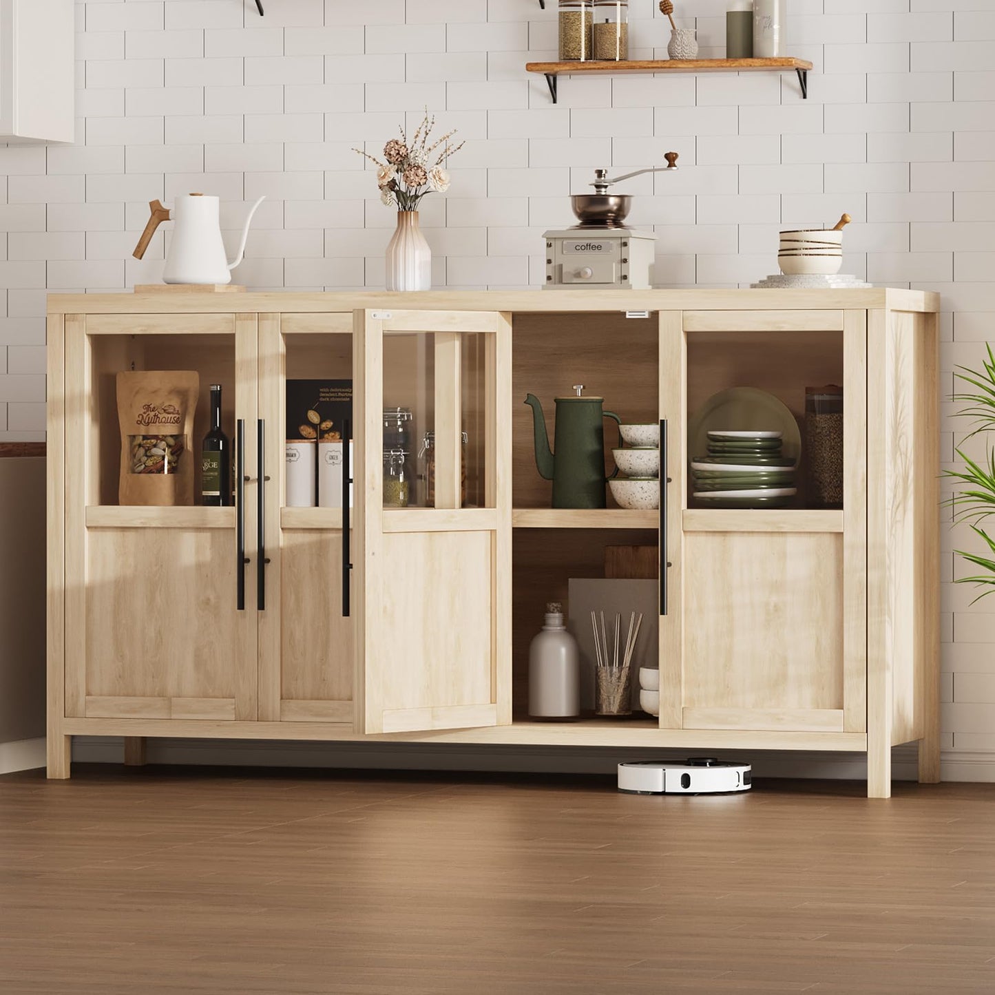 GarveeLife Sideboard Buffet Cabinet with 4 Glass Doors, 55 Inch Coffee Bar Wine Display Cabinet, Modern Storage Console for Kitchen Dining Room Living Room, Natural