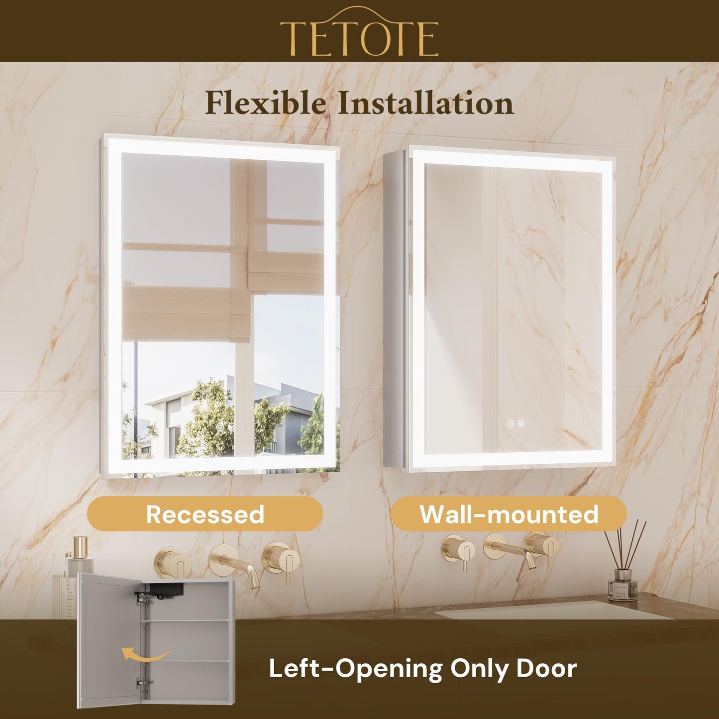 TETOTE 30 x 26 LED Lighted Medicine Cabinet with Mirror with Adjustable Shelves, Silver Aluminum Cabinet, Anti-Fog Stepless Dimmable 3 Colors White/Warm/Natural, Easy to Install(Wall Mount/Recessed)