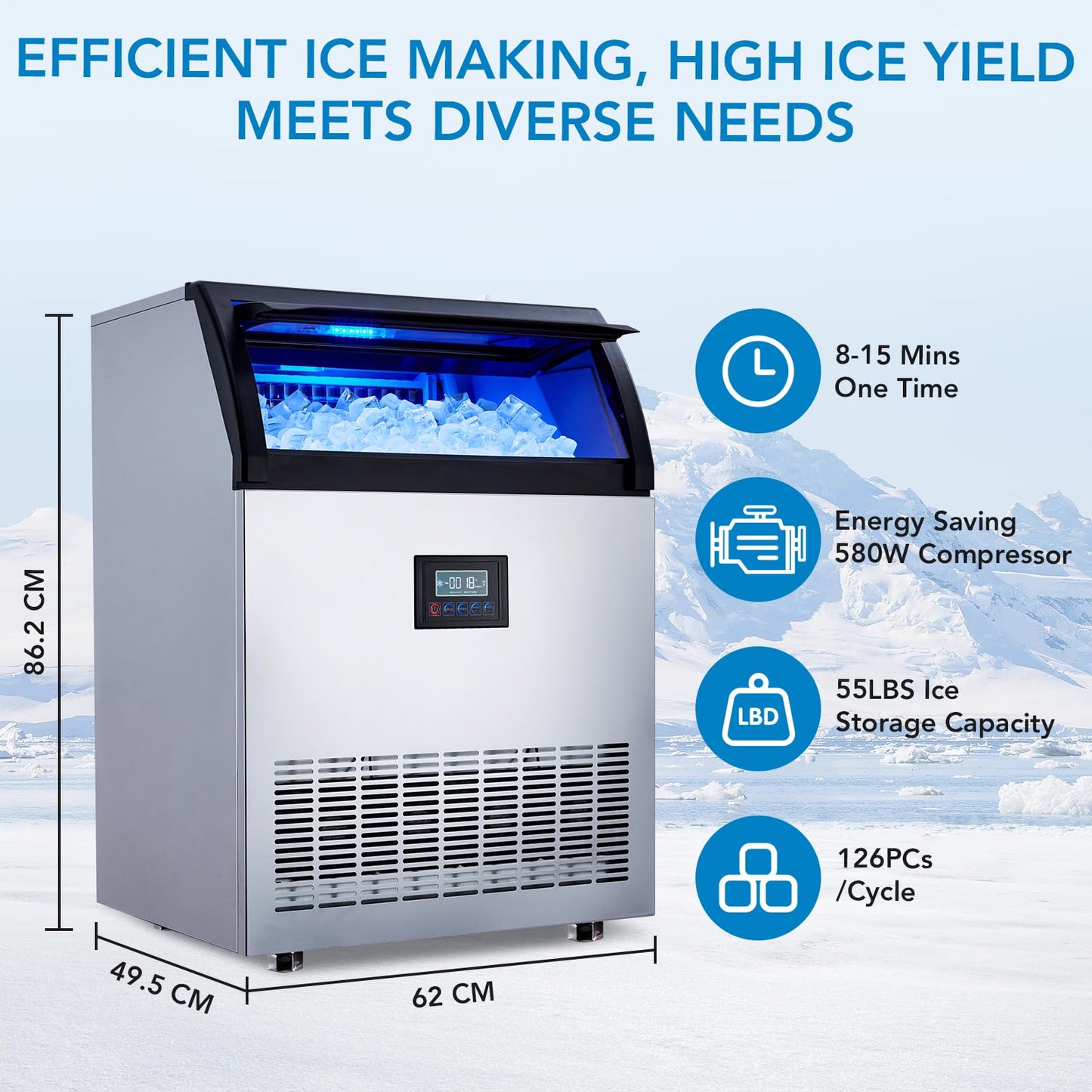 Commercial Ice Maker - 200 LBS/24H Stainless Steel Undercounter Ice Maker Machine, 420 Watt, 55 lb Storage Capacity, Produces 90 Blocks of Ice in 15 Minutes, for Bars, Cafes, Homes, Businesses
