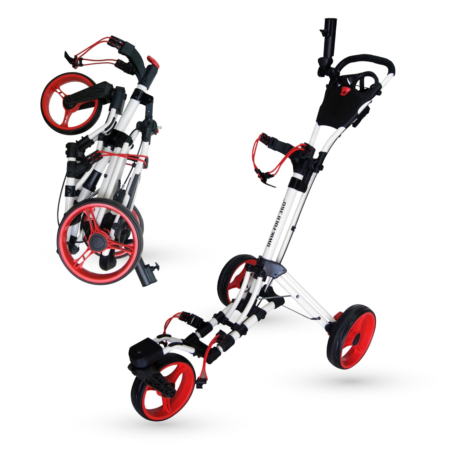 Qwik-Fold 360 Swivel 3 Wheel Push Pull Golf CART - 360* Rotating Front Wheel - ONE Second to Open & Close! (White/Red)