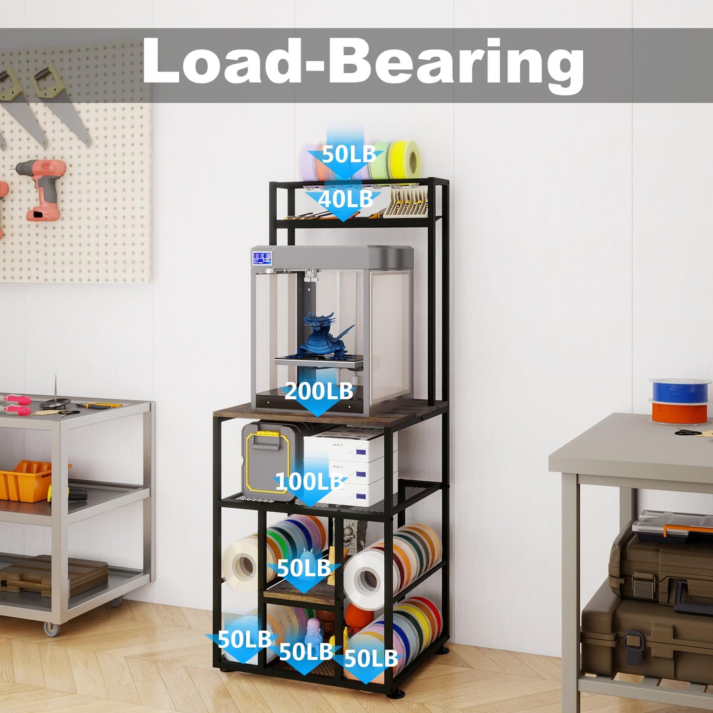 PUNCIA 3-Tier Heavy Duty 3D Printer Stand with Filament Storage Rack – Sturdy Organizer for PLA ABS PETG Spools, Compatible with FDM SLA Resin Printers, Durable Shelf for Home Studio Workshop Makers