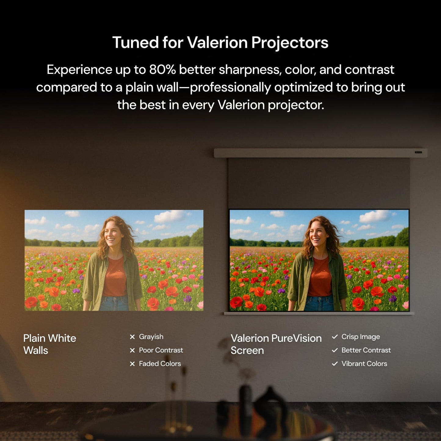 Valerion 120" PureVision Motorized Projector Screen, Laser Speckle Reduction, Auto-Sync with Projector, 4K/8K UHD Ready, 20" Adjustable Drop, Black Backing for Enhanced Contrast, Long Throw Only