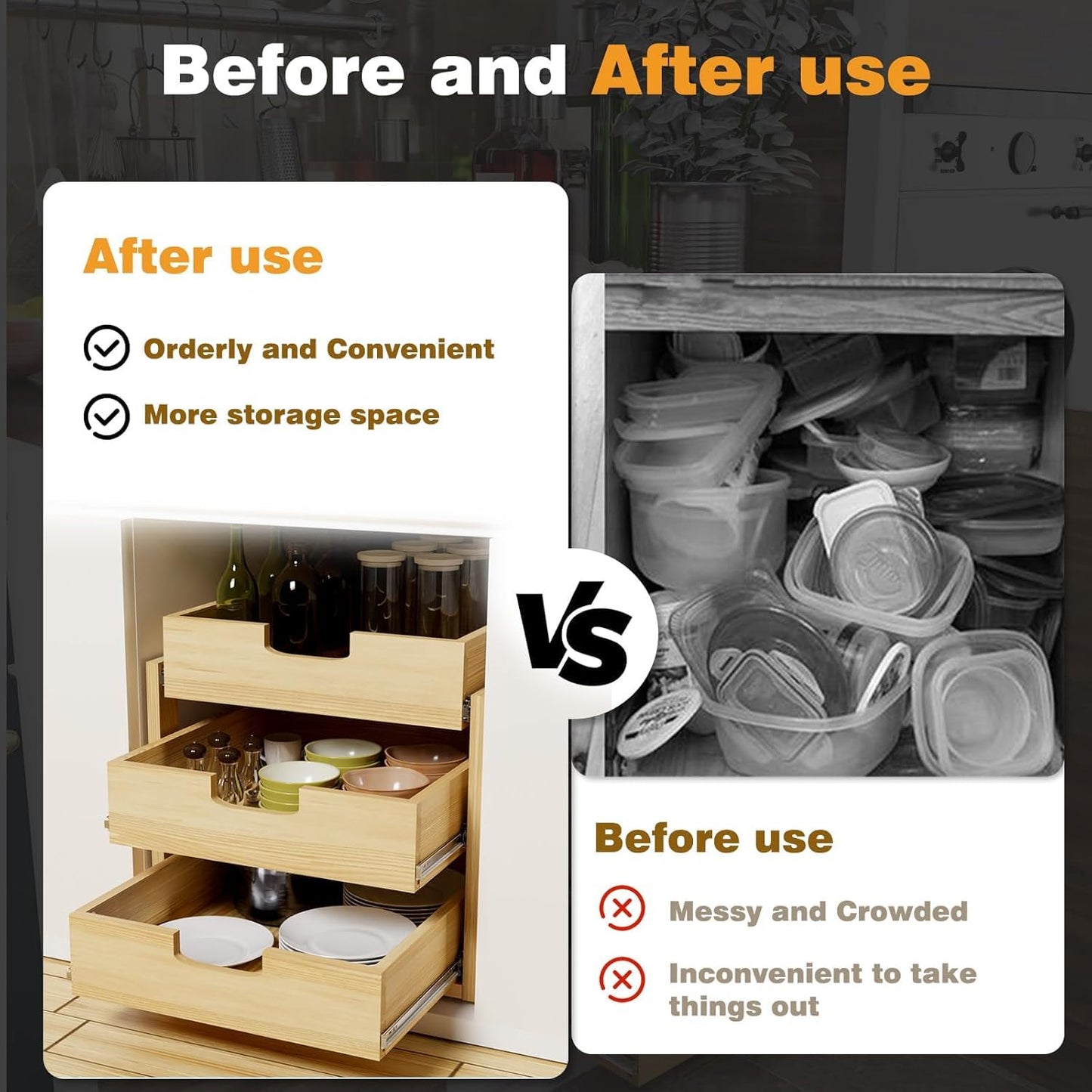 Gsskny Pull Out Cabinet Organizer, 26''W×21''D Sliding Drawers for Cabinets, 3 Tier Soft Close Slide Out Wooden Pull out Drawers, Base Cabinet Organization for Kitchen, Pantry, Bathroom.