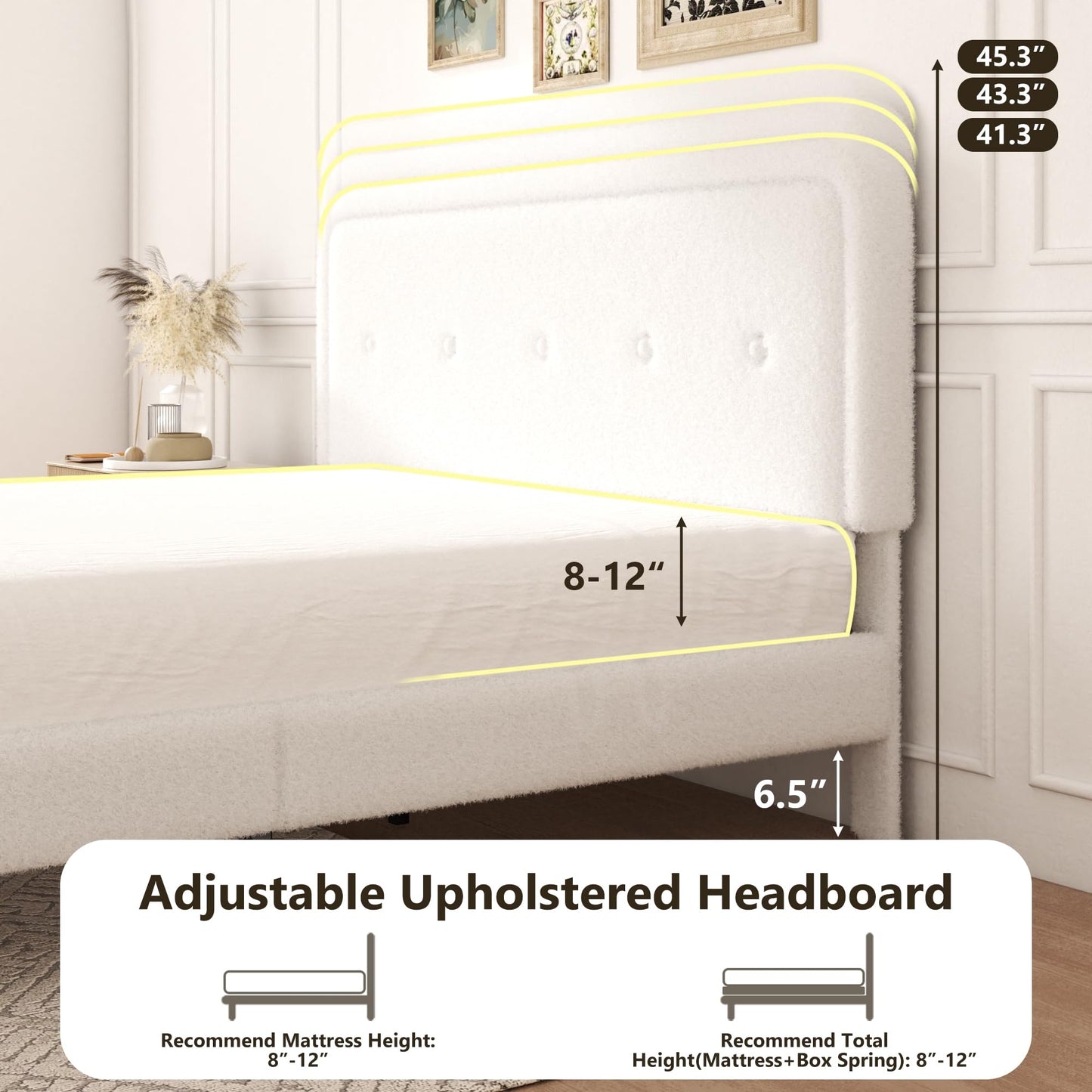 wirpexhowak King Size Boucle Bed Frame with Adjustable Headboard, Cloud Boucle Upholstered Platform Bed Frame, Rounded Corners Design & Easy Assembly, Box Spring Optional, Noise Free, White