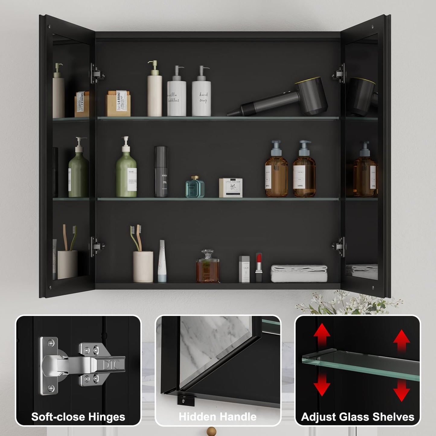 Keazile 30x30 Inch Medicine Cabinet with Mirror, Aluminum Bathroom Mirror Cabinet, Beveled Edge Mirrored Double Door, Adjustable Shelves, Surface or Recessed Mount Mirrors with Storage,Black