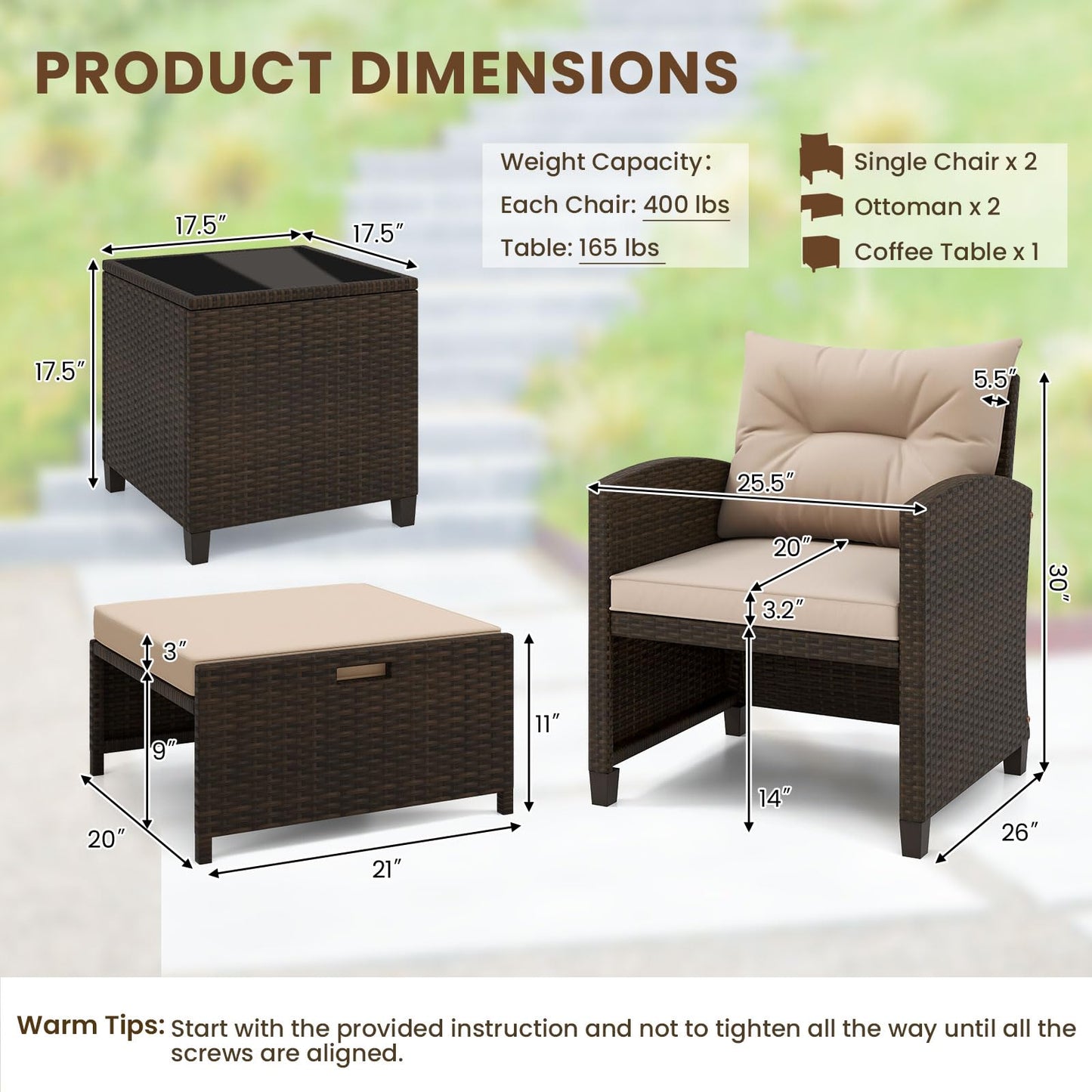 Tangkula 5 Pieces Patio Conversation Set, PE Wicker Rattan Outdoor Furniture Set with 2 Chairs, 2 Ottomans & Tempered Glass Coffee Table, Ideal for Poolside, Backyard, Lawn, Deck (Mix Brown & Beige)