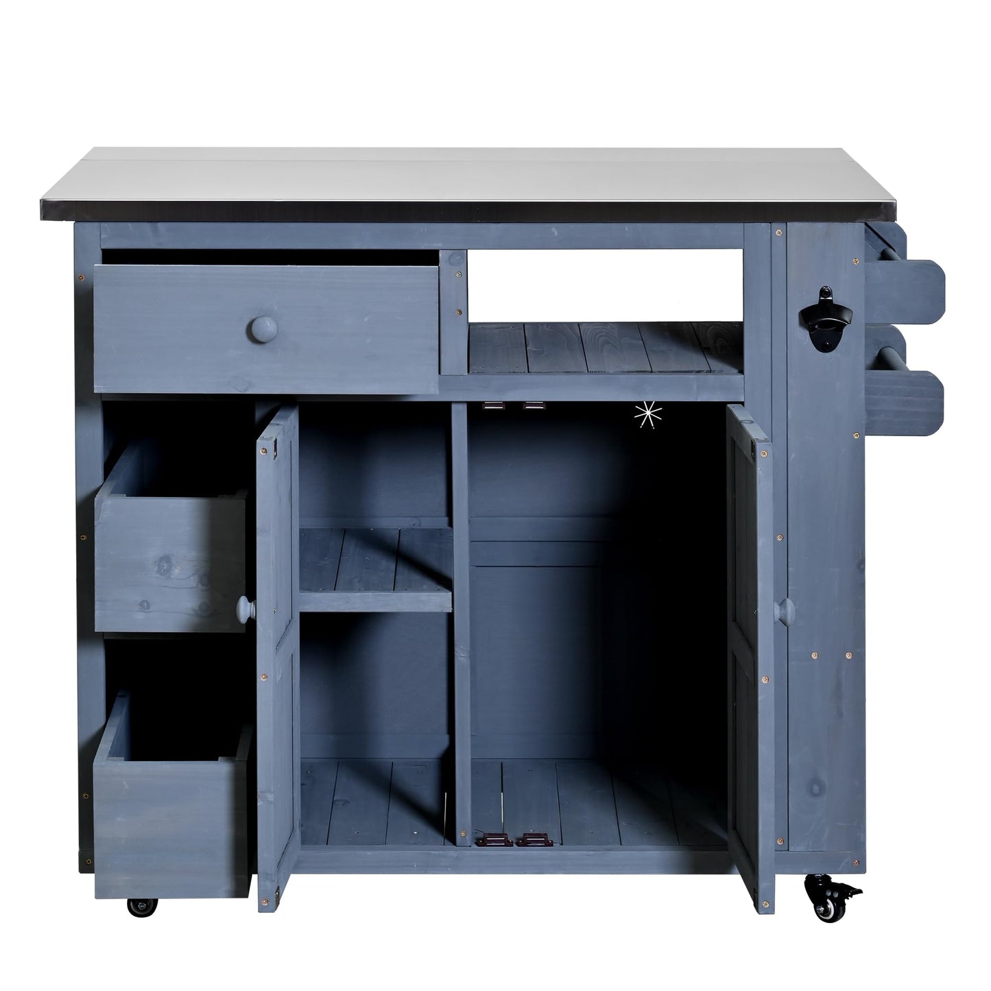 GDFStudio Winford Patio Kitchen Island Cart with Extendable Top, Wooden Outdoor Storage Cabinet with Stainless Steel BBQ Prep Table Top, Drawers, Spice Rack and Lockable Wheels, Potting Bench, Gray
