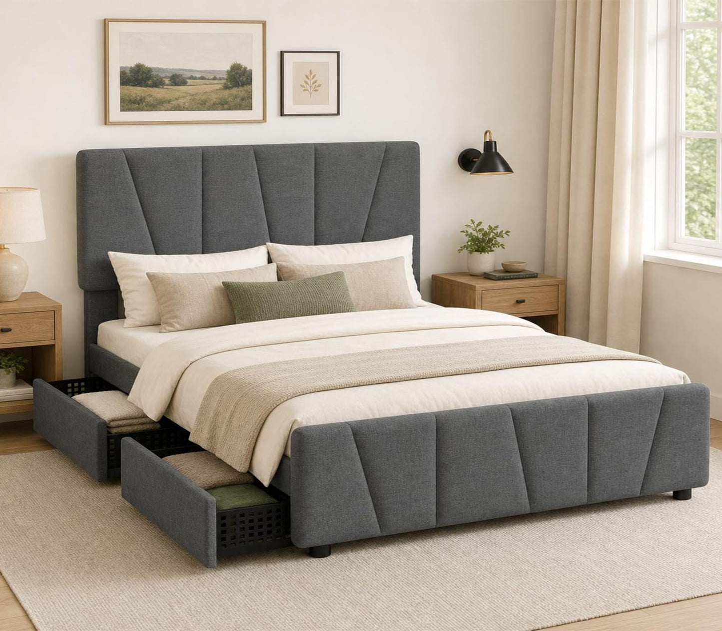 Queen Size Bed Frame with Upholstered Headboard & 4 Storage Drawers with Wheels, Platform Bed Frame with Wooden Slat Support, Adjustable Headboard, No Box Spring Needed, Noise-Free, for Bedroom