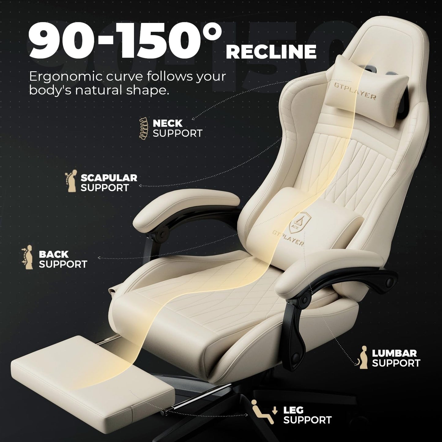 GTPLAYER Gaming Chair with Speakers ACE-PRO, Computer Video Game Chairs with Footrest for Adults, Built-in Speakers, App Support & Bluetooth Control, Ergonomic Reclining Silla, Linkage Armrest, Ivory