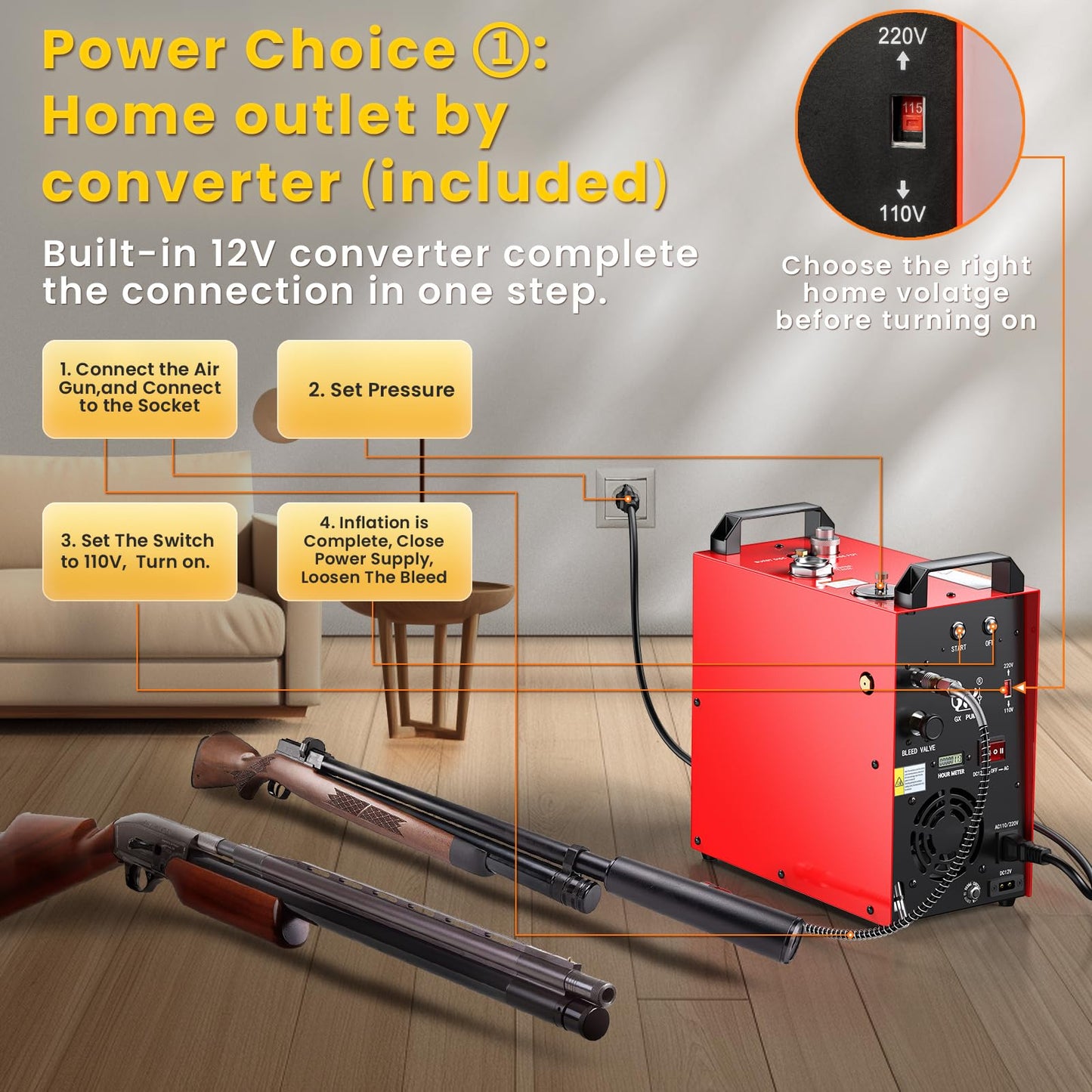 GX PUMP GX-E-CS4-I Portable PCP Air Compressor, 350W Powerful Motor,Max 5800Psi/40Mpa, Built-in Home Converter, Water and Fans Cooling, 5 Hours Continous Work, 12V Auto Stop Paintball Air Compressor