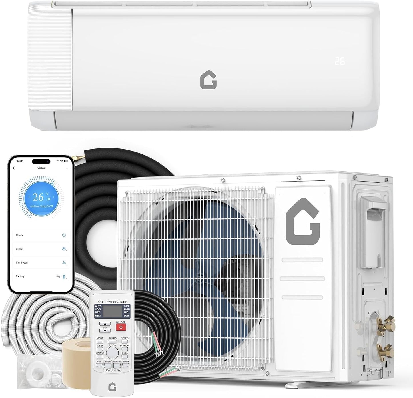 GarveeHome 12000 BTU Inverter Split System Air Conditioners with WiFi, 21 SEER2 Mini Split AC/Heating System, Ductless Heat Pump Wall Mount AC Unit Cool Up to 750 Sq. Ft, Installation Kits, 230V