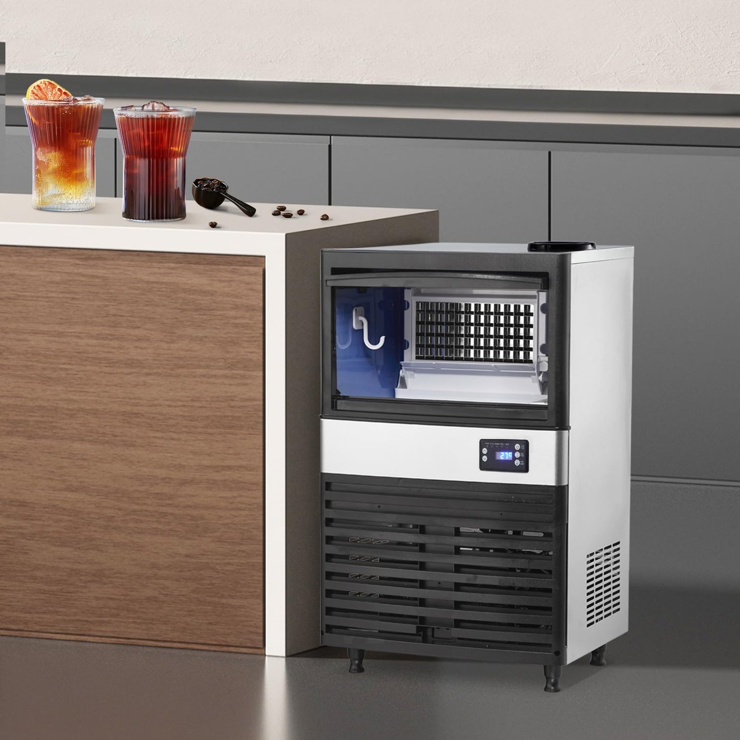 Commercial Ice Maker Machine 150Lbs/24H, 35Lbs Storage Bin, 6x13Pcs Clear Ice Cubes, Freestanding Stainless Steel Ice Making Machine with Blue Light for Restaurant, Home, Bars, Coffee Shop