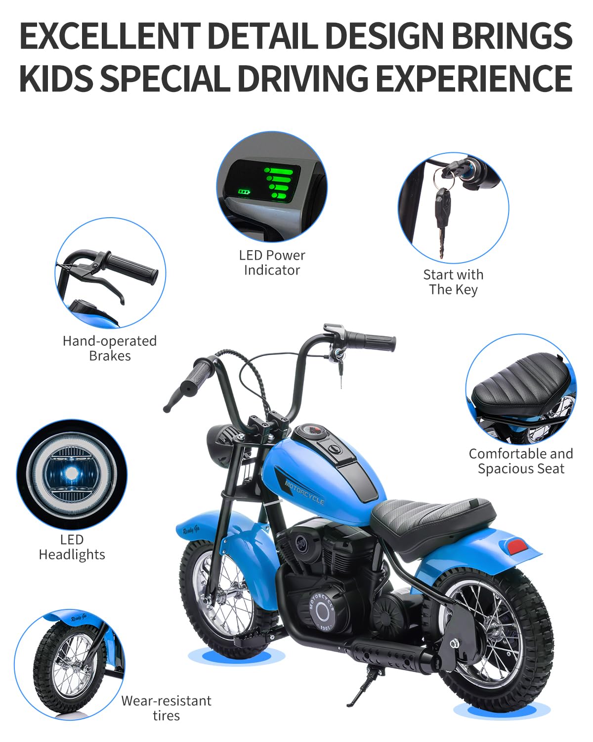 Electric Dirt Bike for Kids 24V, 150lb Max Weight & 15mph, Chain Driven Motor w/12'' Air Filled Tires, Handbrake & Shock Absorbers, LED Lights, Power Display Ride On Toy for Boys & Girls