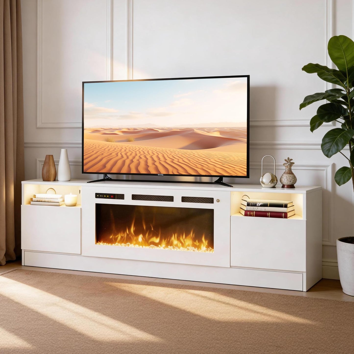 OneBlis 80" Fireplace TV Stand for TVs Up to 90",Entertainment Center with 36” Electric Fireplace and 12 Colors LED Lights,Large TV Console with Storage Cabinet for Living Room,All White