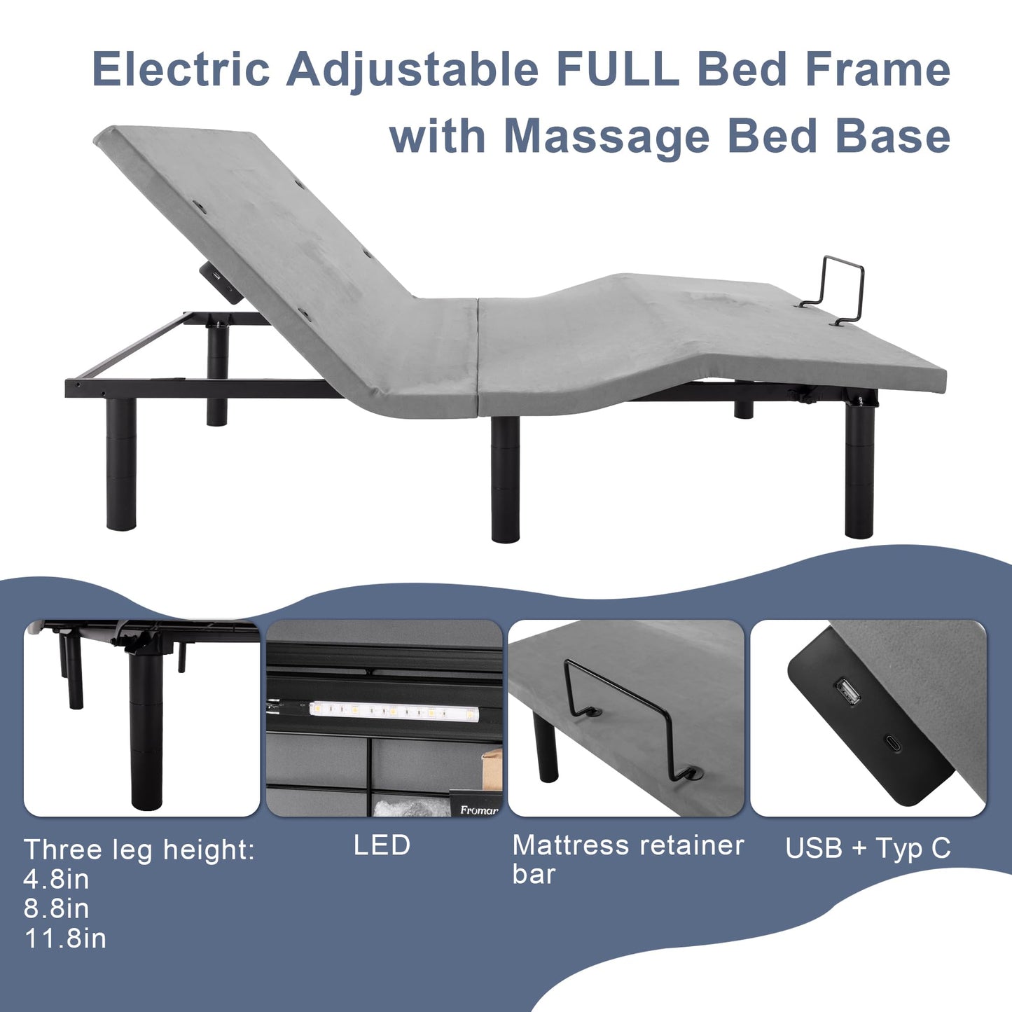 Fromann Adjustable Electric Full Bed Base Frame with Massage, USB Type-C Ports, Zero Gravity, Under Bed Led Lighting and Three Leg Height (Grey)