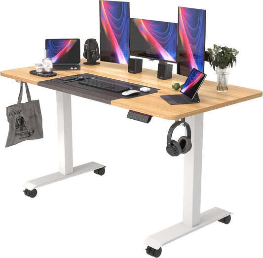 Monomi Electric Standing Desk 55x24 Inch, Height Adjustable Sit Stand Up Desk with Lockable Wheels for Home Office, 3 Memory Preset Computer Table with Anti-Collision,Headphone Hook, Natural