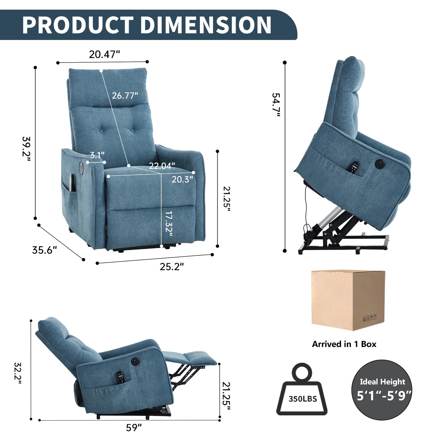 KEIKI Single Motor Power Lift Recliner Chair with Massage and Heat for Home Theater, Soft Fabric Finish with USB Charging Port and Motion Mechanism for Elderly