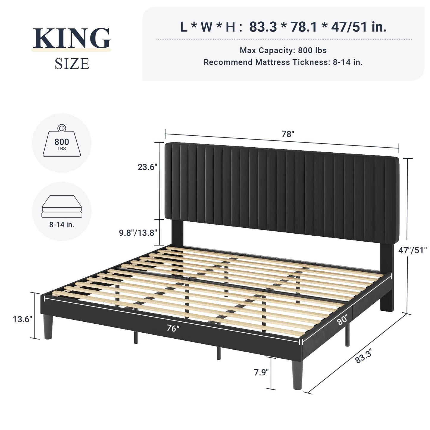 Allewie King Platform Bed Frame, Velvet Upholstered with Adjustable Vertical Channel Tufted Headboard, Mattress Foundation with Strong Wooden Slats, Box Spring Optional, Easy Assembly, Black