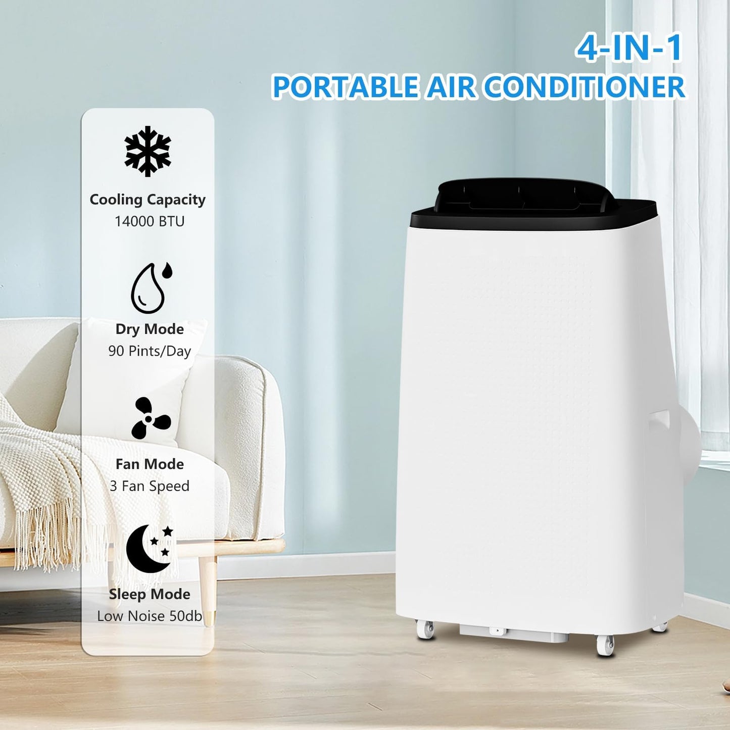 14,000 BTU Portable Air Conditioner Cools Up to 700 Sq.Ft, 3-IN-1 Quiet Portable AC Unit with Remote Control & Installation Kits for Large Room, Smart/Sleep Mode, Auto Swing, 24H Timer