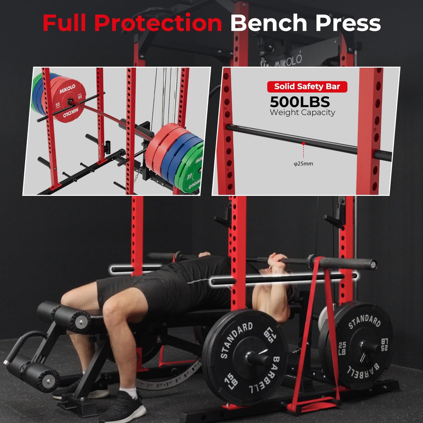 Mikolo F4 2.0 Power Cage with Dual-Track Smooth Pulley System, 1200LBS Power Rack with Leg Hold-Down for Heavy LAT Pulldowns, All-in-One Squat Rack with More Training Attachments for Home Gym (Red)