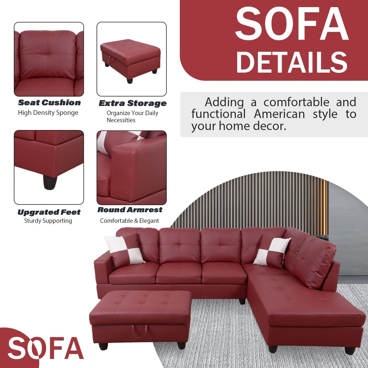 UOCFYK Sectional Sofa Couch with Right Chaise, Faux Leather L Shaped Couches for Living Room, Office, Apartments, Small Space, Red
