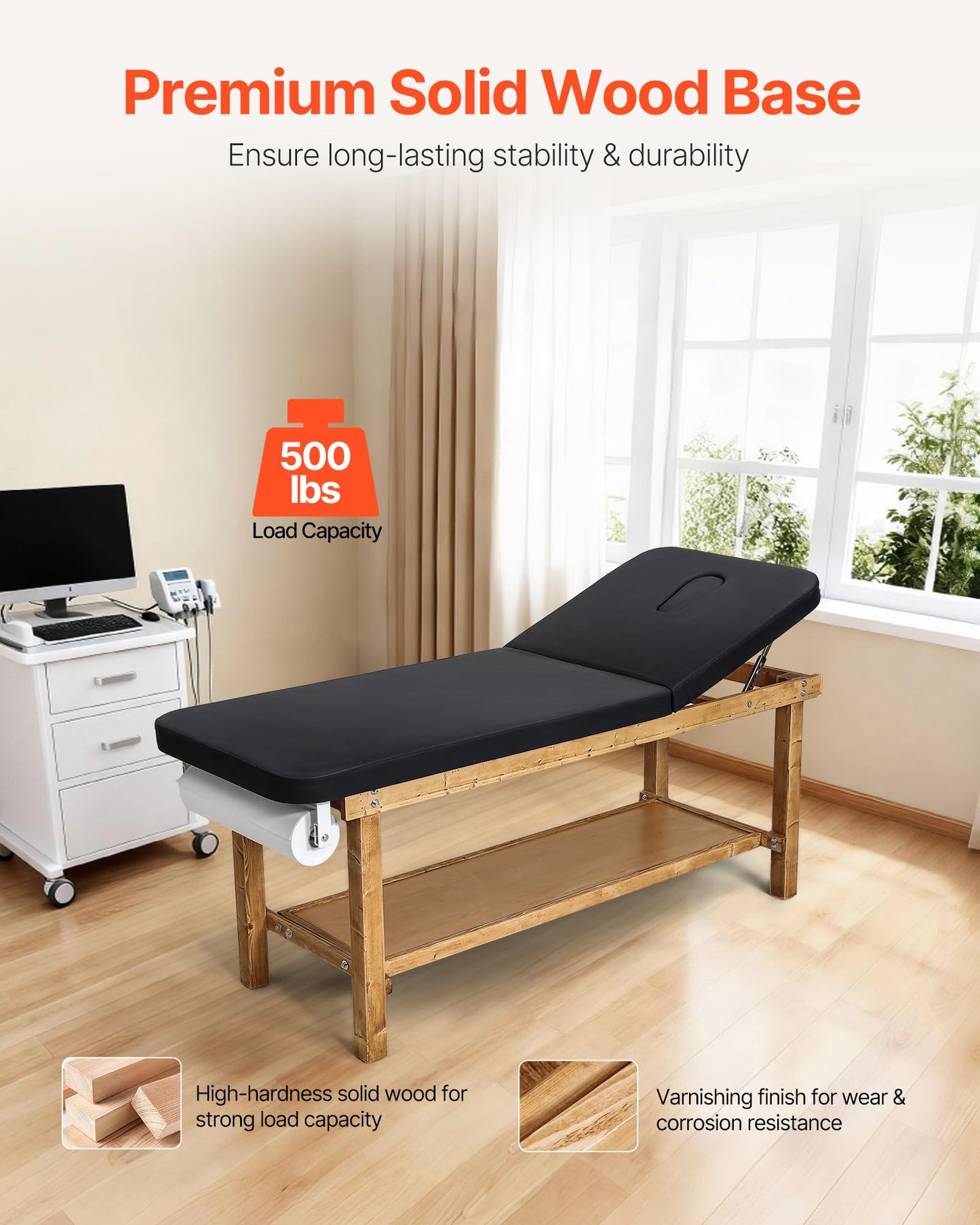 VEVOR Medical Exam Table, Wooden Framed Medical Examination Bed, Physical Therapy Exam Table with Adjustable Backrest, Storage Shelf & Paper Roll Dispenser for Hospitals Clinics Rehab Centers, 500LBS