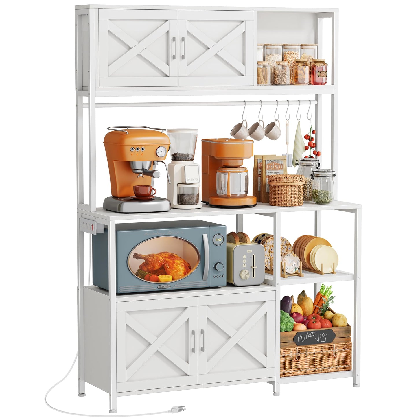 Huuger Large Bakers Rack with Power Outlet, Kitchen Microwave Stand with Cabinets, Coffee Bar Table Station with Storage, 6 S-Shaped Hooks, Mesh Shelves, 45 Inch Wooden Top, White
