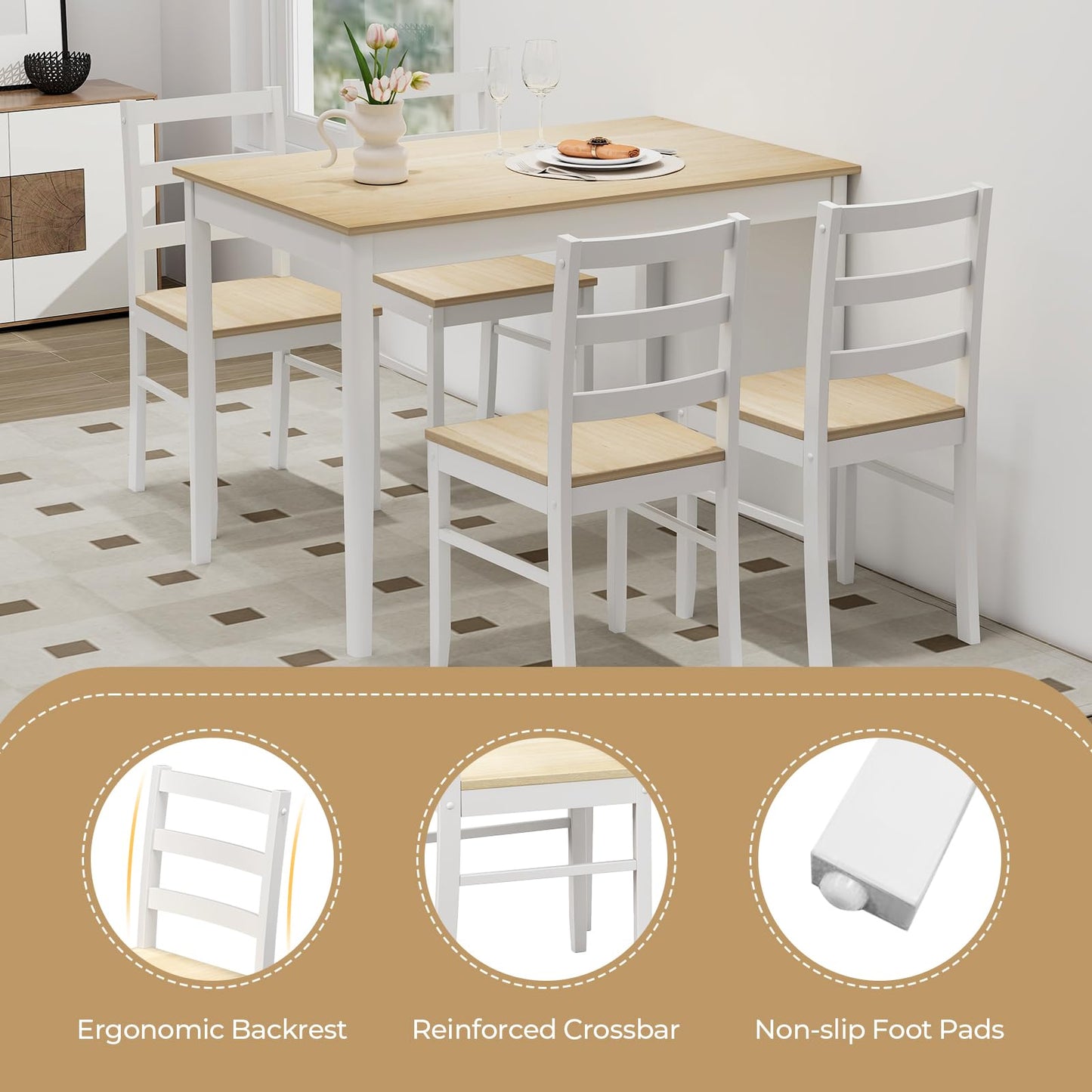Tangkula Dining Table Set for 4, Solid Wood, Farmhouse Dinette Set w/Rubber Wood Legs, Compact Dining Table and Chairs Set for Kitchen, Dining Room (Natural+White)