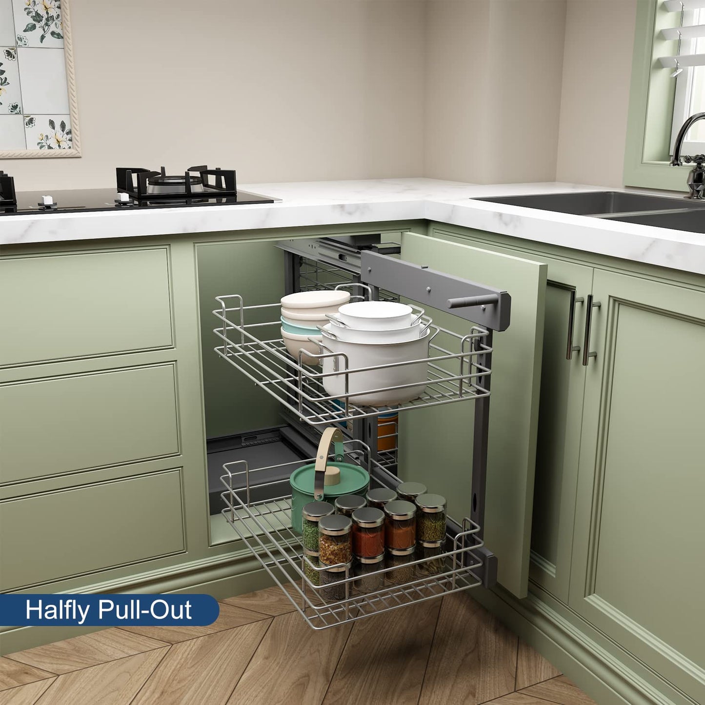 VADANIA Blind Corner Pull Out Organizer for 36" Cabinet, Left Open & Right Open Compatible, Min Opening 15", 2-tier Pull-out Basket, Soft Close, Bottom Mount
