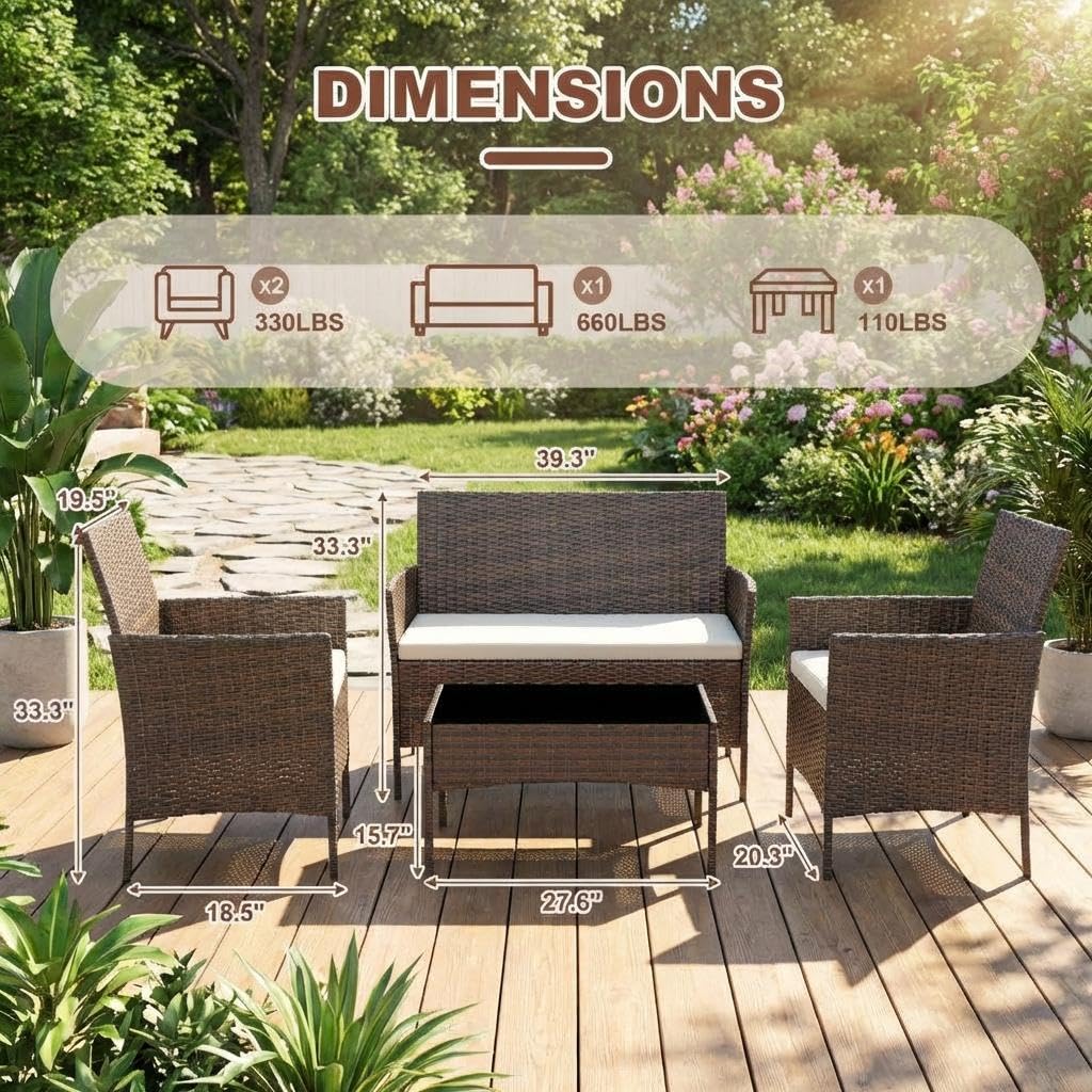 4PCS Outdoor Patio Bistro Set, PE Rattan Wicker Armchairs with Water-Resistant Cushions & Tempered Glass Coffee Table, All-Weather Conversation Set for Garden, Backyard, Porch, Poolside, Brown/Beige